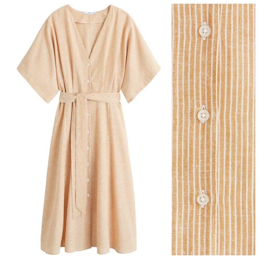 Mango Striped Orange Linen Blend Midi Dress